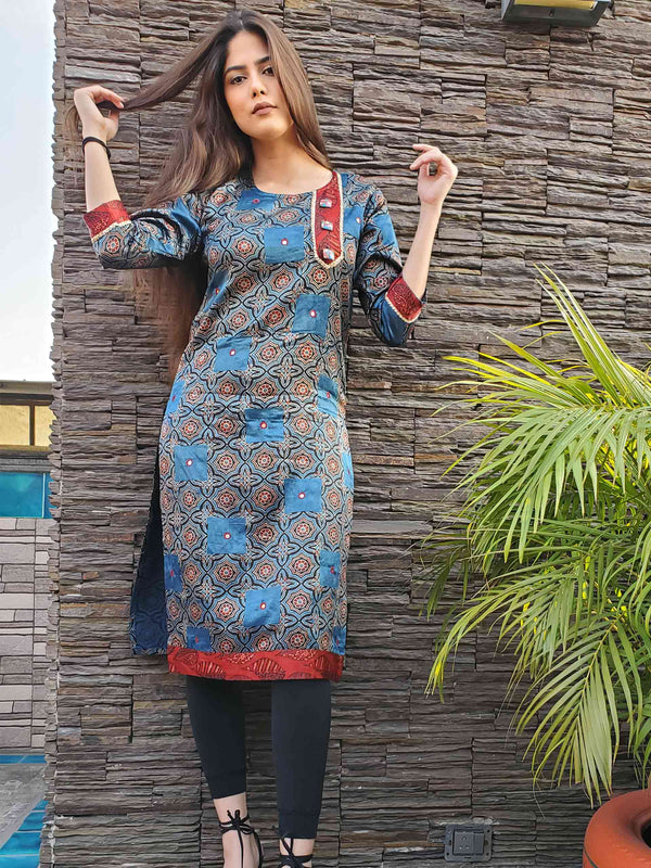 Indigo Maroon Ajrakh Mashru Silk Kurtis and Dresses