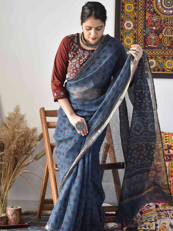 Ajrakh Handblock printed Kota Doria saree