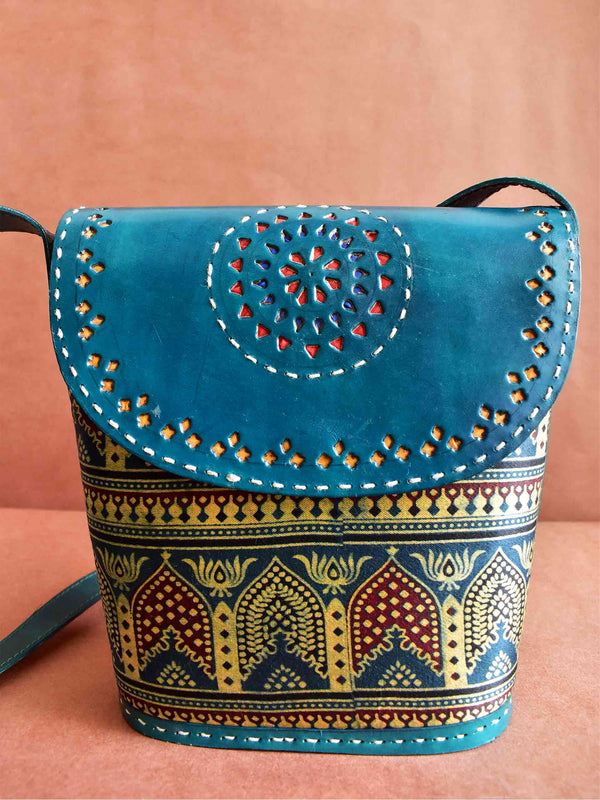 Minaret - leather and Mashru silk bag