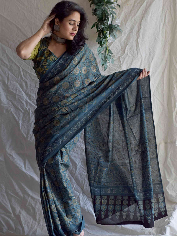 Kashish -  Ajrakh hand block printed mul cotton saree