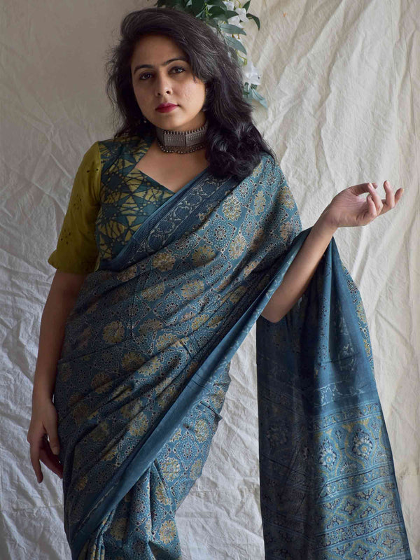 Kashish -  Ajrakh hand block printed mul cotton saree