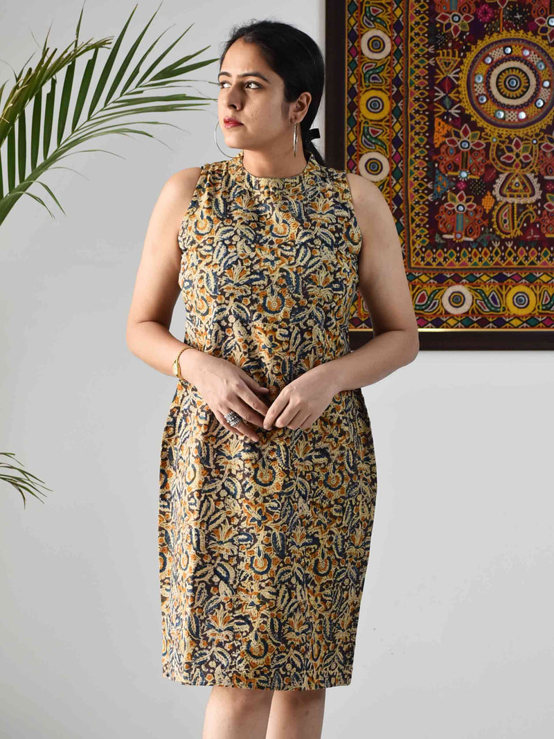 Buy Blue Kalamkari Handblock printed sheath dress online