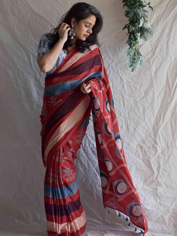 Moti haar -  Ajrakh hand block printed mul cotton saree