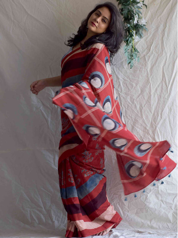 Moti haar -  Ajrakh hand block printed mul cotton saree