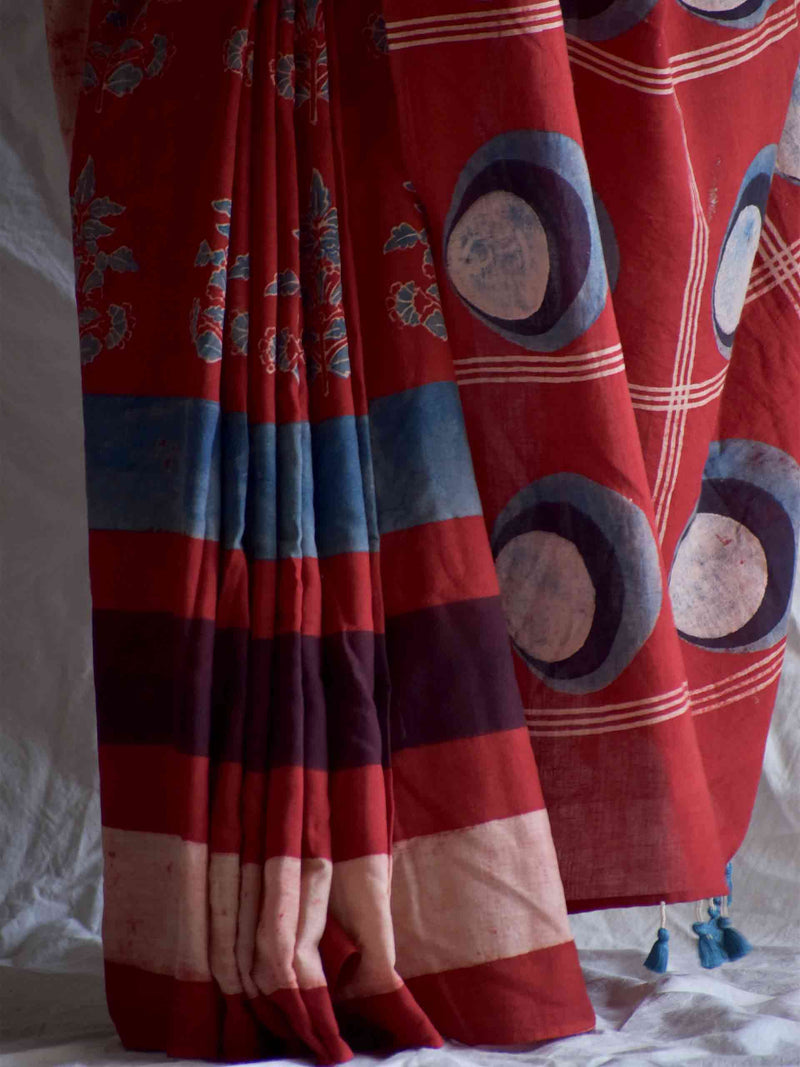 Moti haar -  Ajrakh hand block printed mul cotton saree