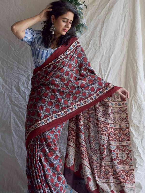 Manjishtha -  Ajrakh hand block printed mul cotton saree