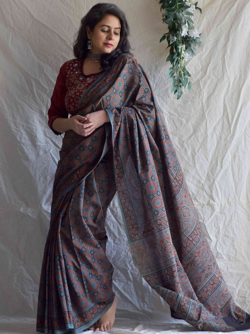 Tara Mandal -  Ajrakh hand block printed mul cotton saree