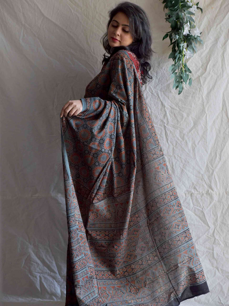 Tara Mandal -  Ajrakh hand block printed mul cotton saree