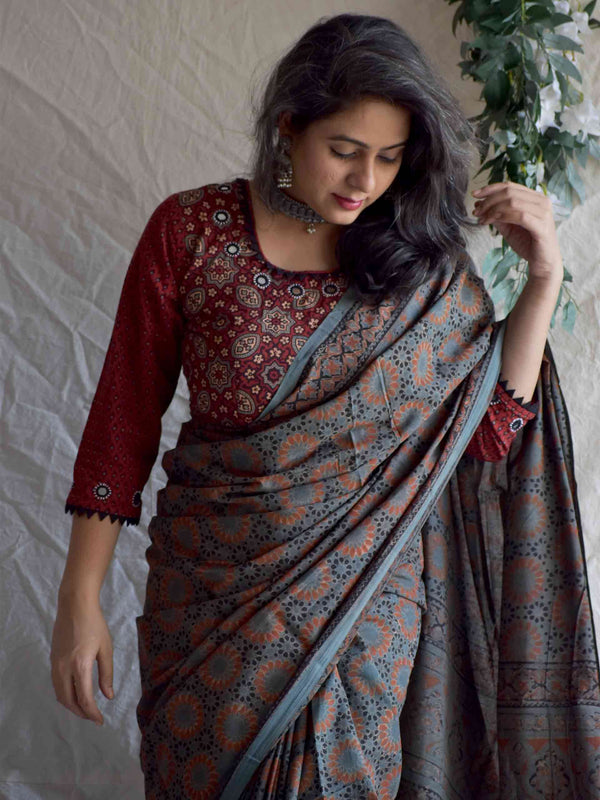 Tara Mandal -  Ajrakh hand block printed mul cotton saree