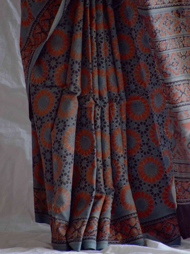 Tara Mandal -  Ajrakh hand block printed mul cotton saree