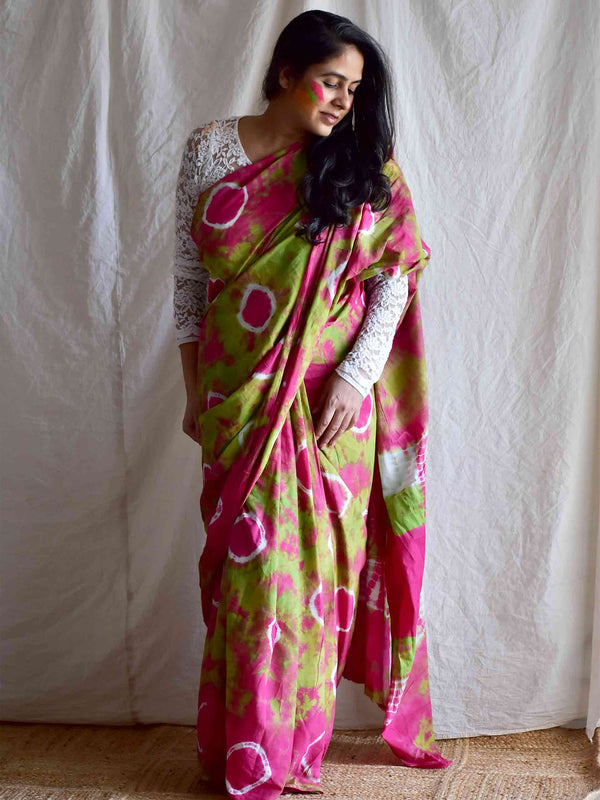Pretty in pink - mul tie and dye saree