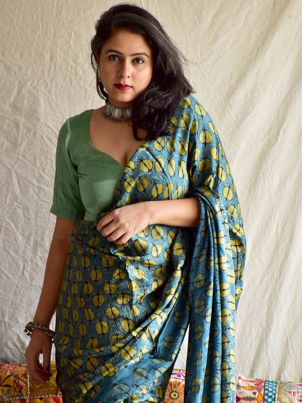 Anar - Ajrakh hand block printed Modal Silk Saree