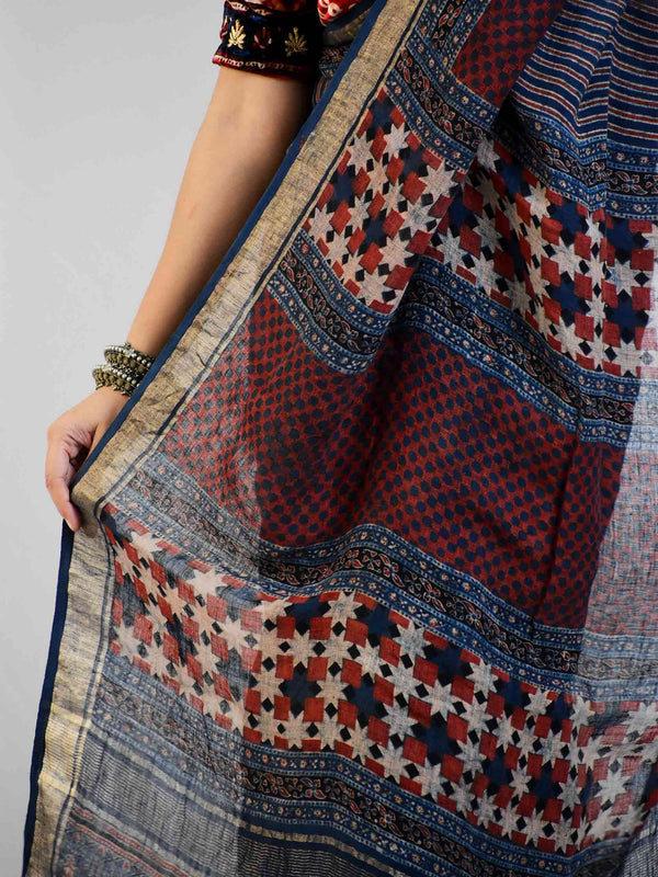 Zebra Ajrakh hand block printed Linen saree
