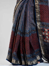 Zebra Ajrakh hand block printed Linen saree