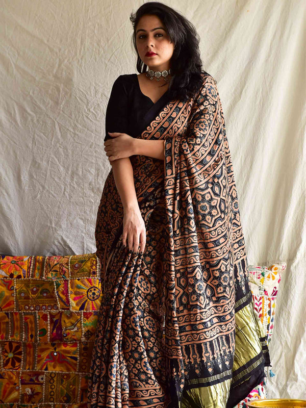 Nexa - Ajrakh hand block printed Modal Silk Saree with zari pallu