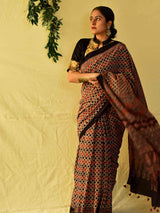 Kathai -  Ajrakh hand block printed mul cotton saree