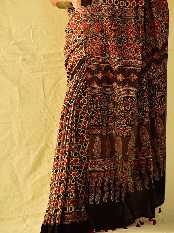 Kathai -  Ajrakh hand block printed mul cotton saree