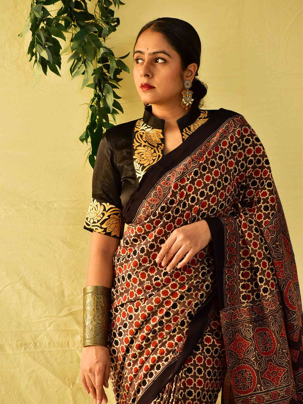 Kathai -  Ajrakh hand block printed mul cotton saree