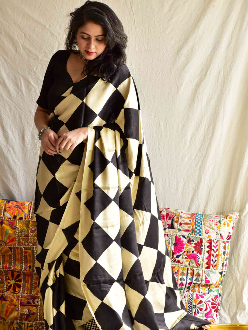 Checkers - Ajrakh mashru silk saree
