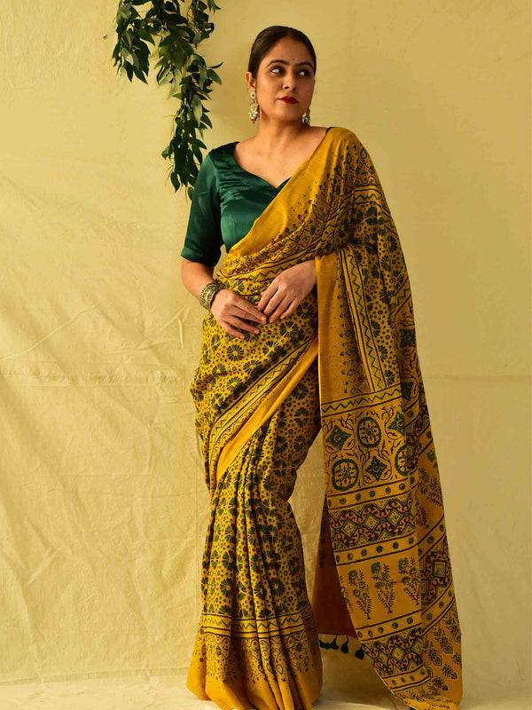 Haldi -  Ajrakh hand block printed mul cotton saree