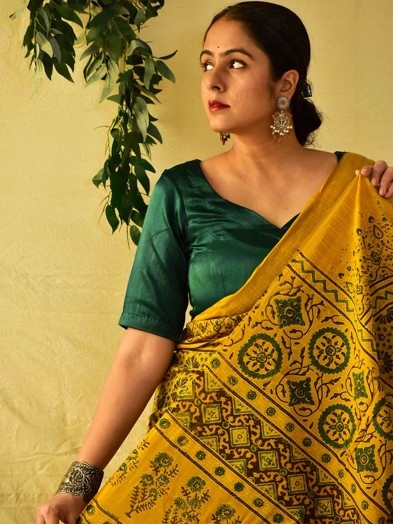 Haldi -  Ajrakh hand block printed mul cotton saree