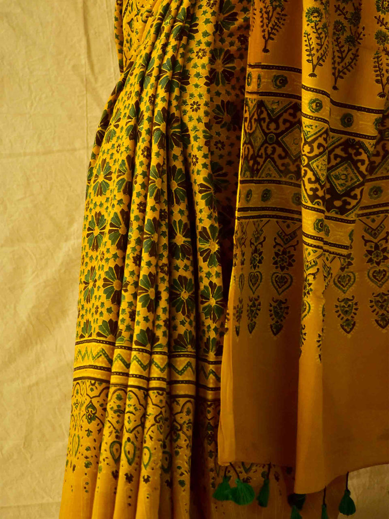Haldi -  Ajrakh hand block printed mul cotton saree