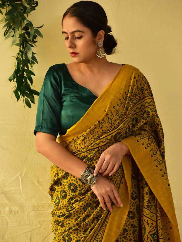 Haldi -  Ajrakh hand block printed mul cotton saree