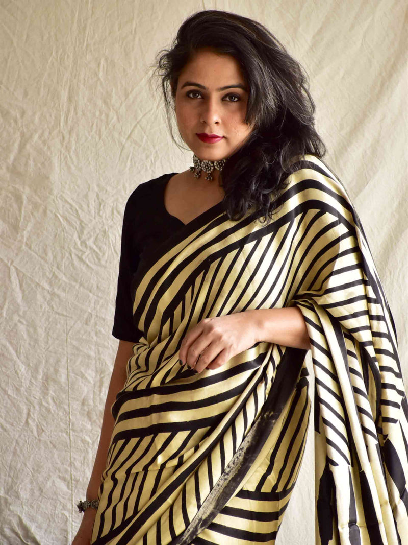 Striped - Ajrakh mashru silk saree