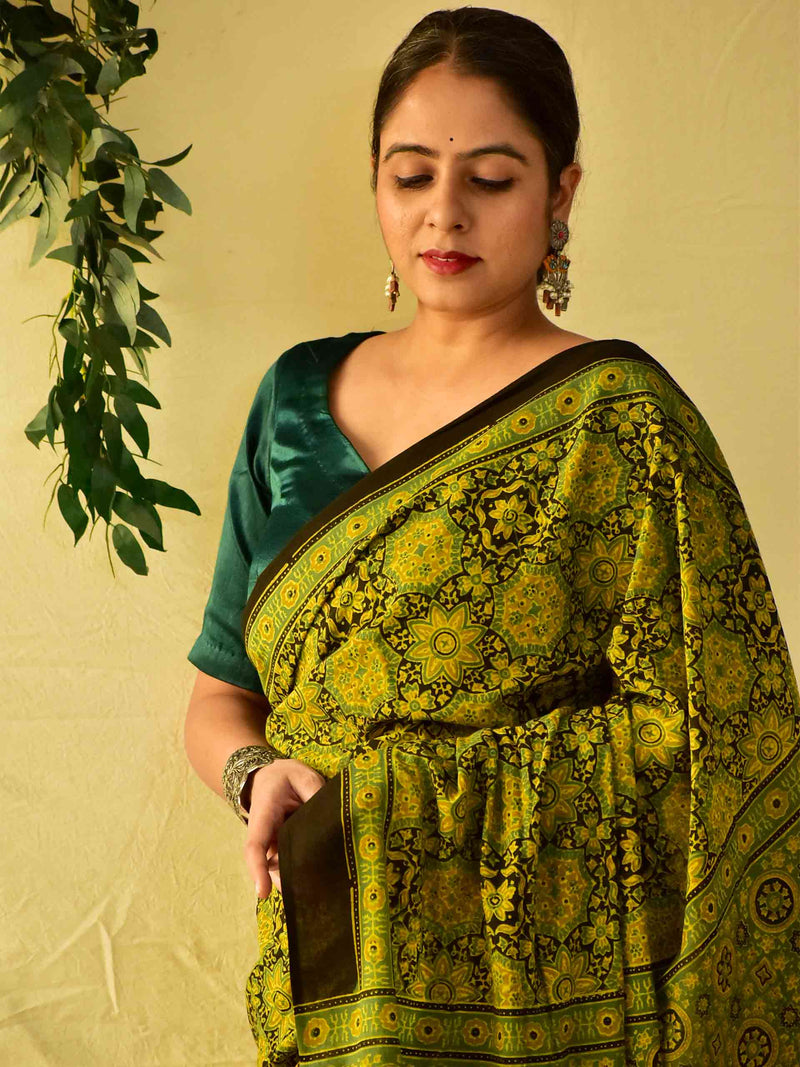 Andheria -  Ajrakh hand block printed mul cotton saree