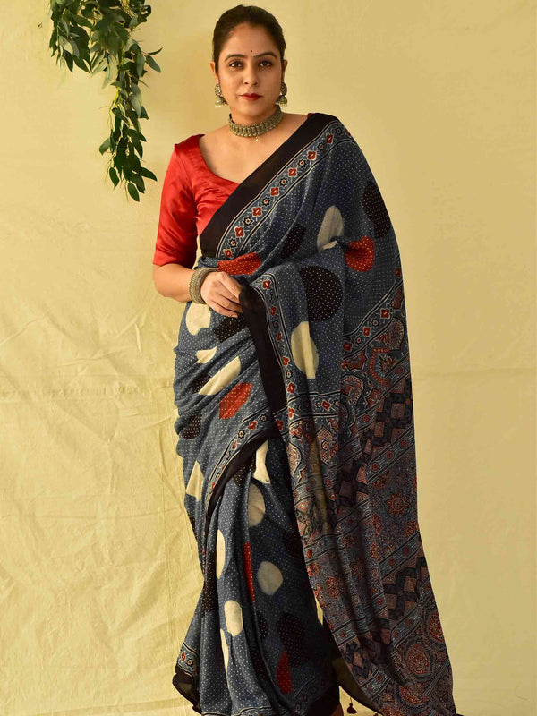 Sitare -  Ajrakh hand block printed mul cotton saree