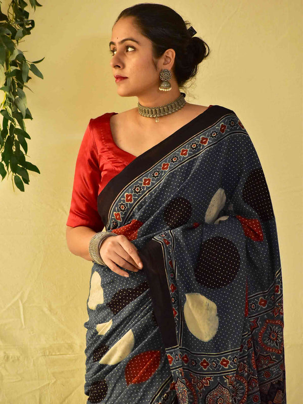 Sitare -  Ajrakh hand block printed mul cotton saree