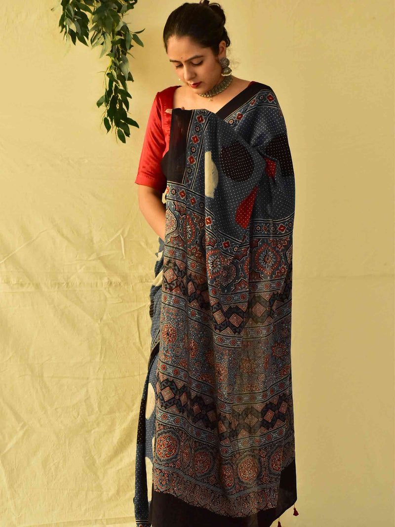 Sitare -  Ajrakh hand block printed mul cotton saree