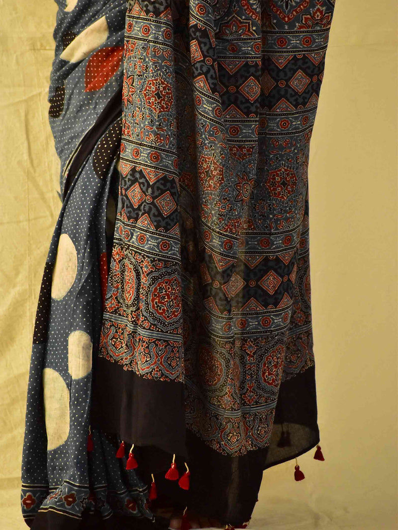 Sitare -  Ajrakh hand block printed mul cotton saree