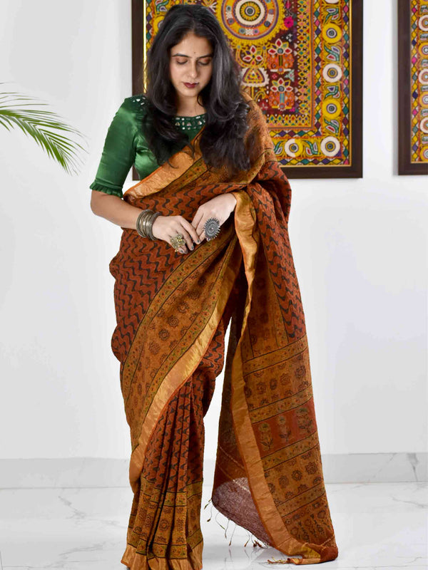 Ajrakh Linen Silk Sarees