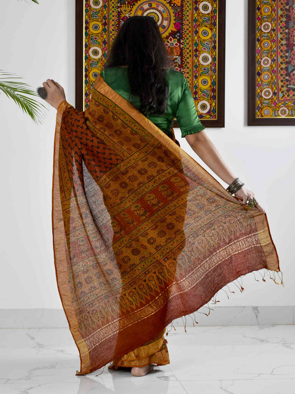 Ajrakh Linen Silk Sarees