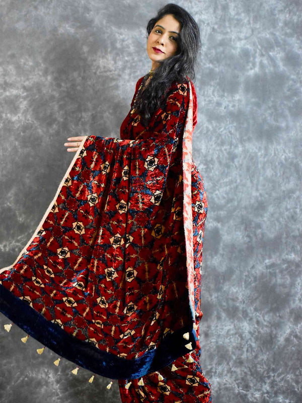 Ajrakh Silk Velvet Saree