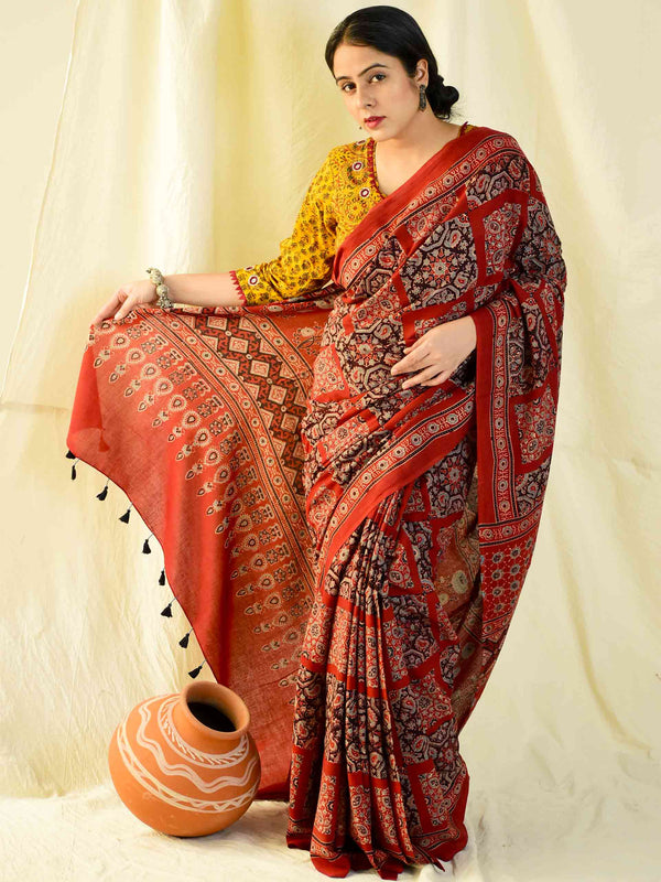 Akash -  Ajrakh hand block printed mul cotton saree