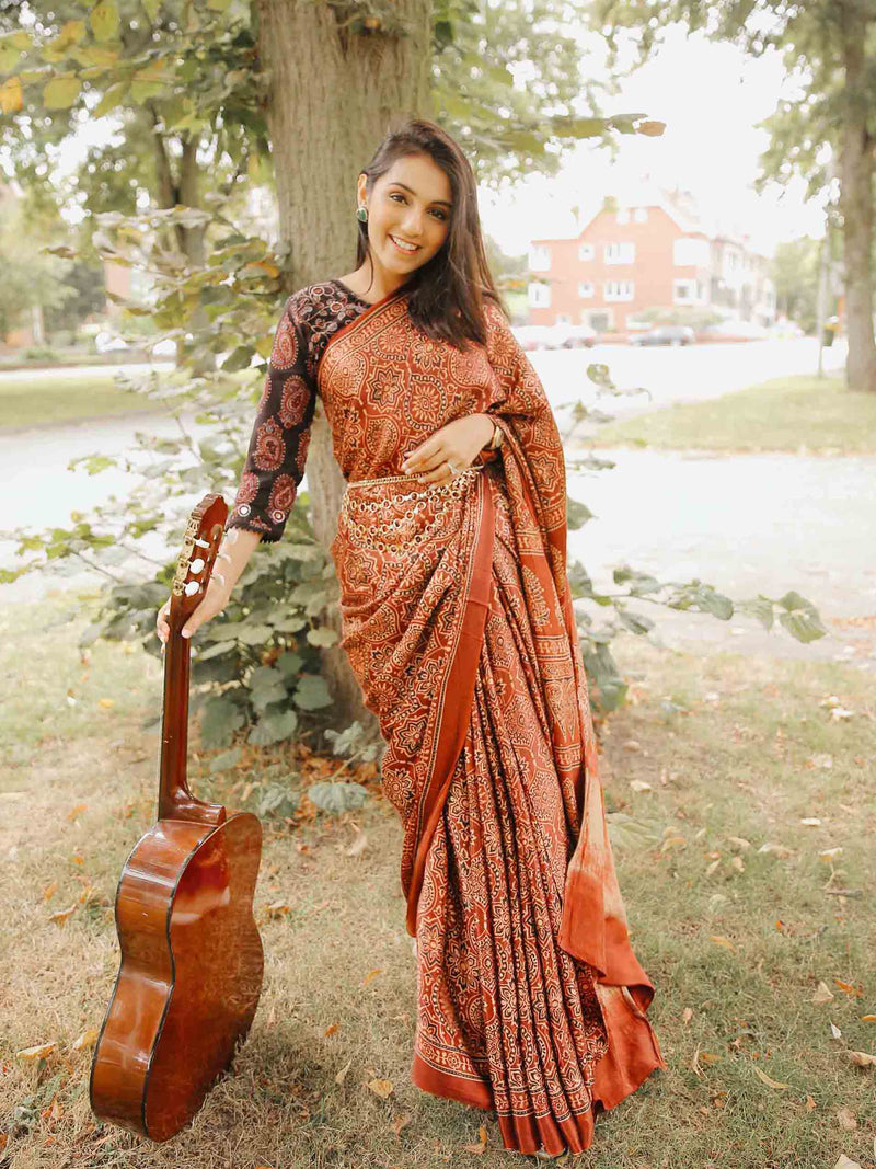 Maroon Ajrakh hand block print modal silk saree