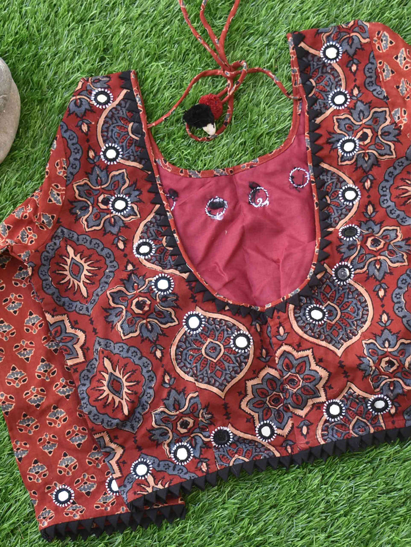 Maroon Bloom Ajrakh hand block printed Kutch mirror work blouse