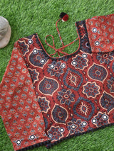 Maroon Bloom Ajrakh hand block printed Kutch mirror work blouse