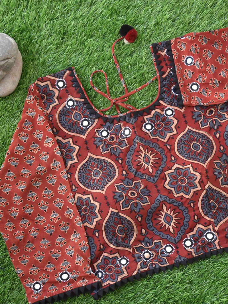 Maroon Bloom Ajrakh hand block printed Kutch mirror work blouse