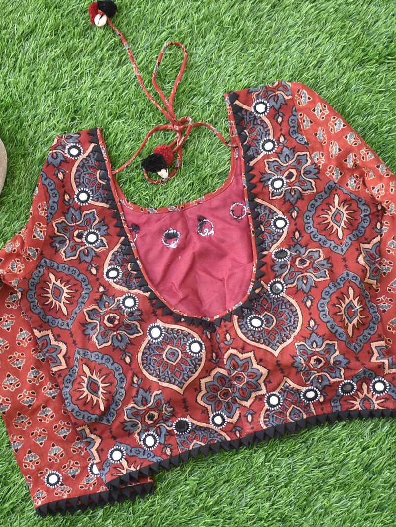 Maroon Bloom Ajrakh hand block printed Kutch mirror work blouse