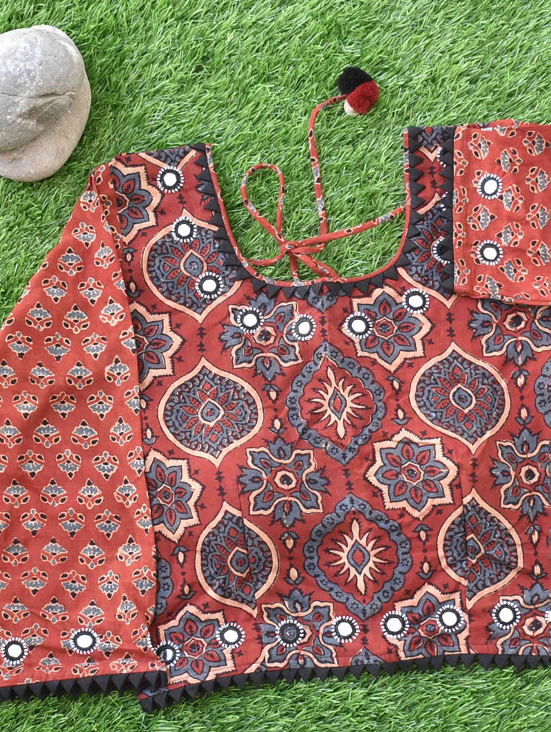 Maroon Bloom Ajrakh hand block printed Kutch mirror work blouse