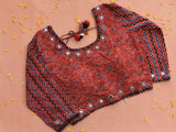 Maroon Stripes Ajrakh hand block printed Kutch mirror work blouse
