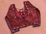 Maroon Floral-Stripes Ajrakh hand block printed Kutch mirror work designer blouse