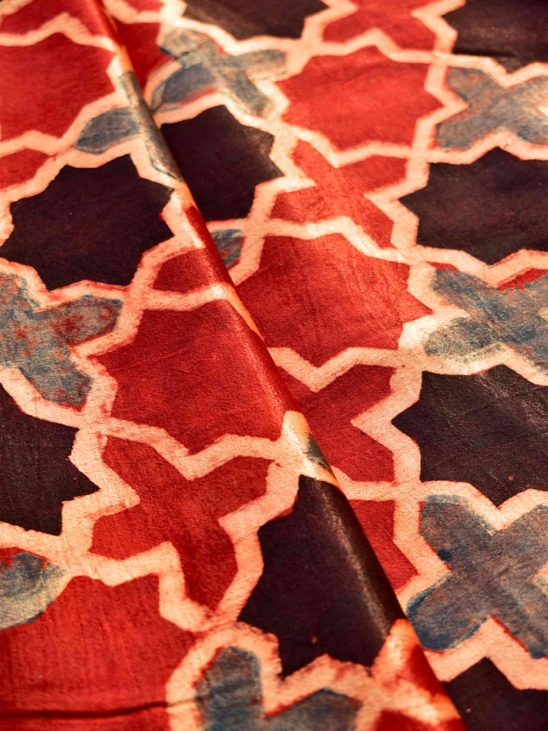 Mughal jaali - Ajrakh Hand block printed Mashru silk fabric $47 per meter
