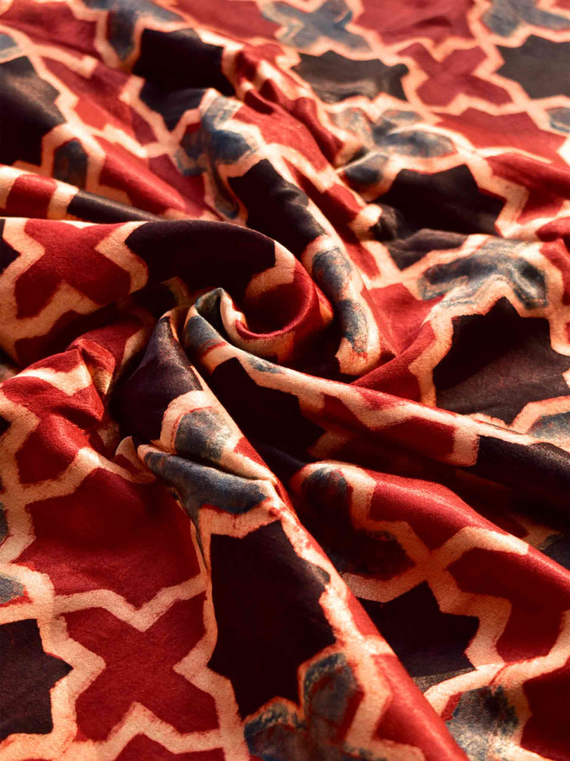 Mughal jaali - Ajrakh Hand block printed Mashru silk fabric $47 per meter