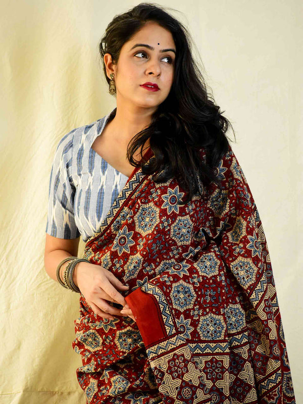 Pia -  Ajrakh hand block printed mul cotton saree