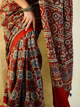 Pia -  Ajrakh hand block printed mul cotton saree