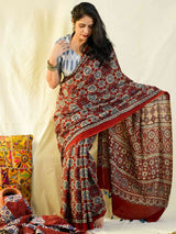 Pia -  Ajrakh hand block printed mul cotton saree